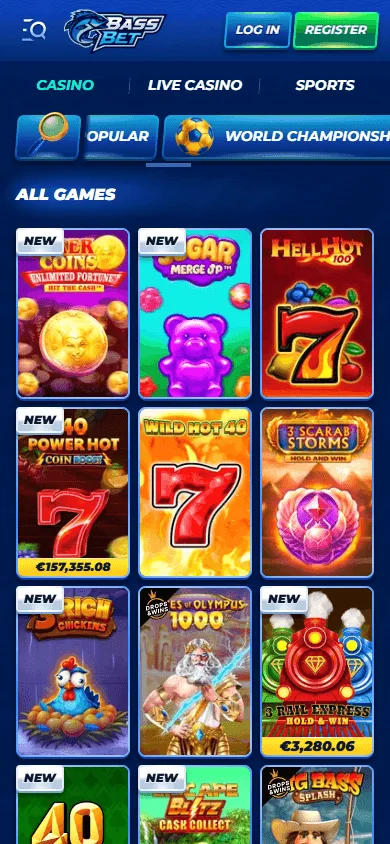 Bassbet Casino mobile games view