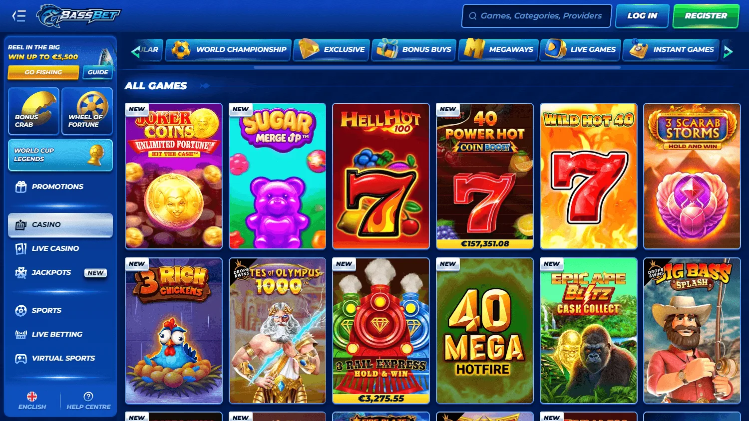 Bassbet Casino desktop games view