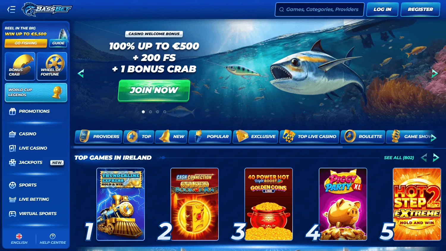 Bassbet Casino desktop home view